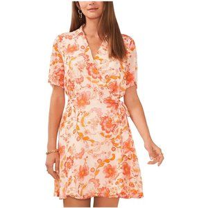 Vince Camuto Women's Orange Pink Floral Wrap Dress Size Large Collar V-Neck